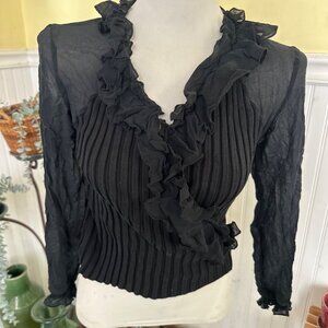 Tracy M. Black Silk Blend Ruffle Front Long Sleeve Top M